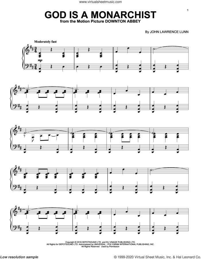 God Is A Monarchist (from the Motion Picture Downton Abbey) sheet music for piano solo by John Lunn, intermediate skill level