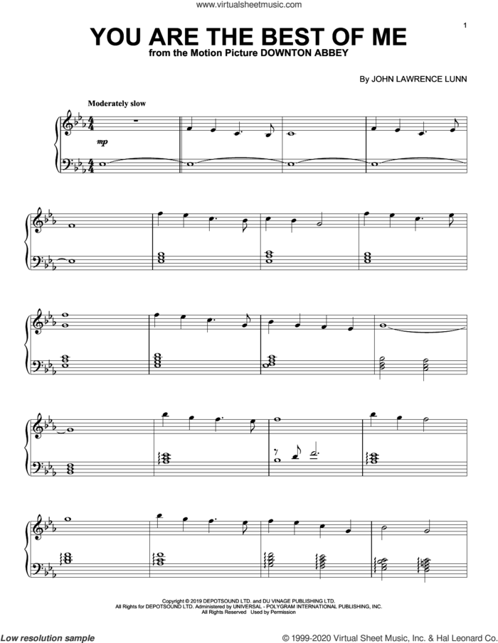 You Are The Best Of Me (from the Motion Picture Downton Abbey) sheet music for piano solo by John Lunn, intermediate skill level