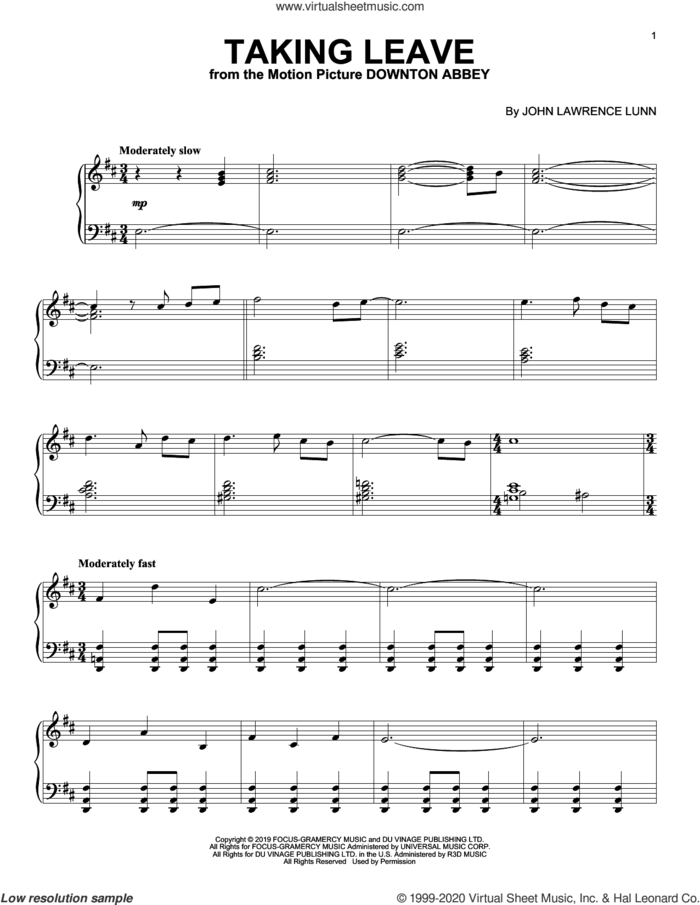 Taking Leave (from the Motion Picture Downton Abbey) sheet music for piano solo by John Lunn, intermediate skill level