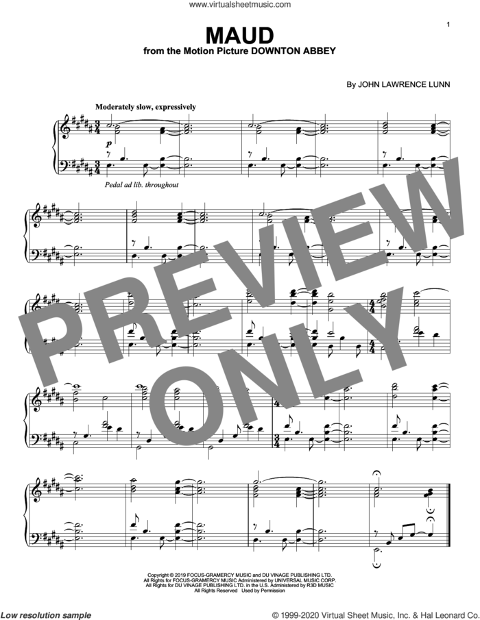 Maud (from the Motion Picture Downton Abbey) sheet music for piano solo by John Lunn, intermediate skill level