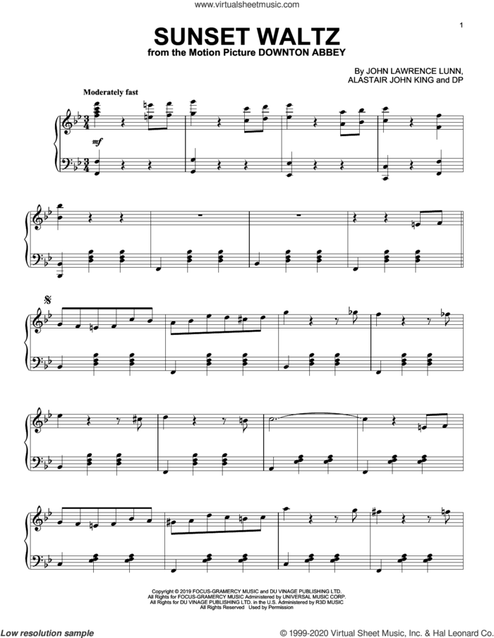 Sunset Waltz (from the Motion Picture Downton Abbey) sheet music for piano solo by John Lunn, Alastair John King and DP, intermediate skill level