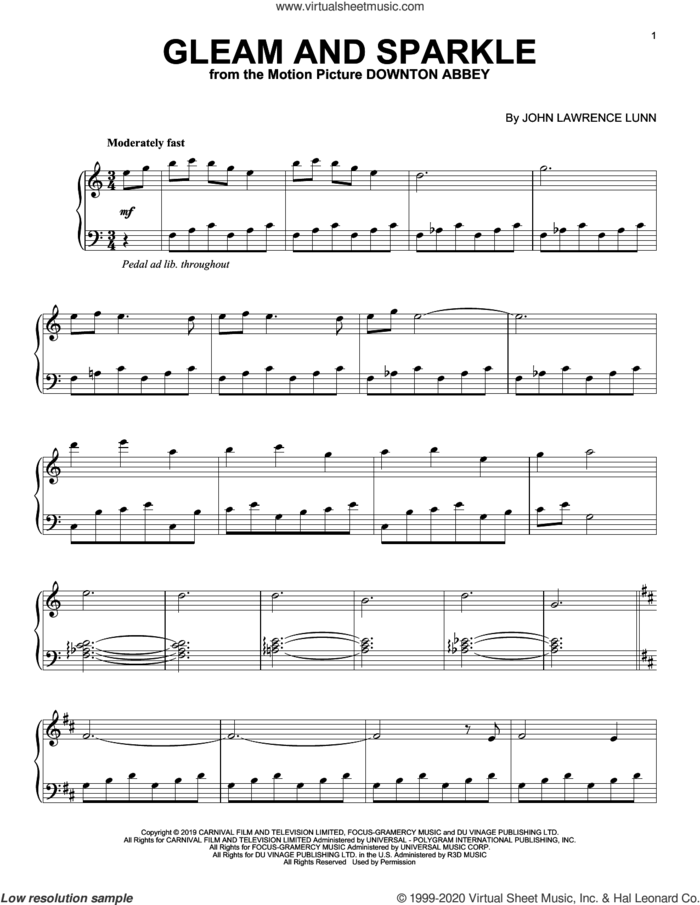 Gleam And Sparkle (from the Motion Picture Downton Abbey) sheet music for piano solo by John Lunn, intermediate skill level