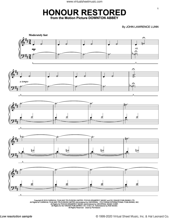 Honour Restored (from the Motion Picture Downton Abbey) sheet music for piano solo by John Lunn, intermediate skill level