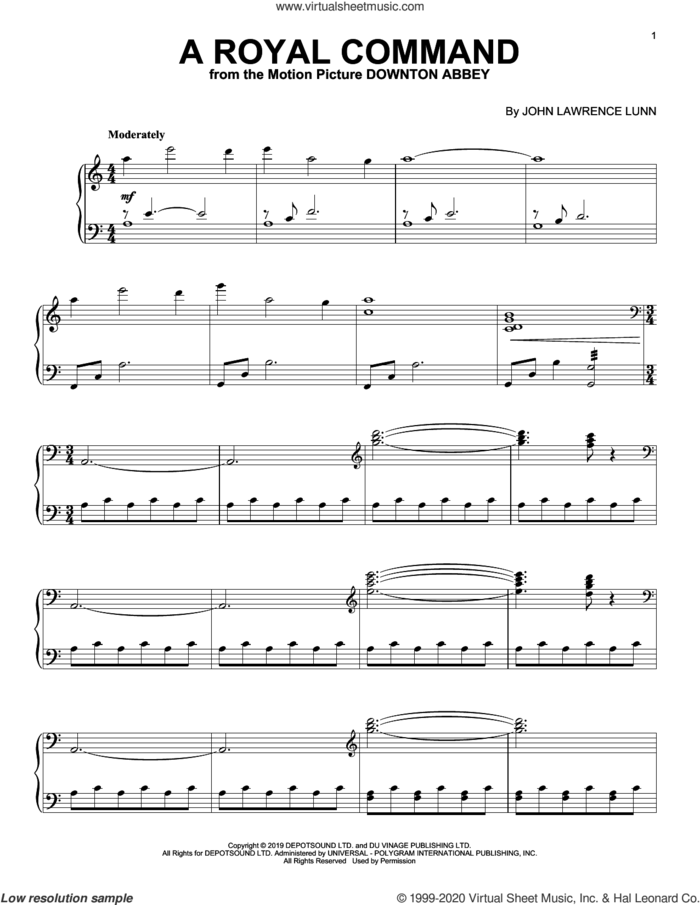 A Royal Command (from the Motion Picture Downton Abbey) sheet music for piano solo by John Lunn, intermediate skill level
