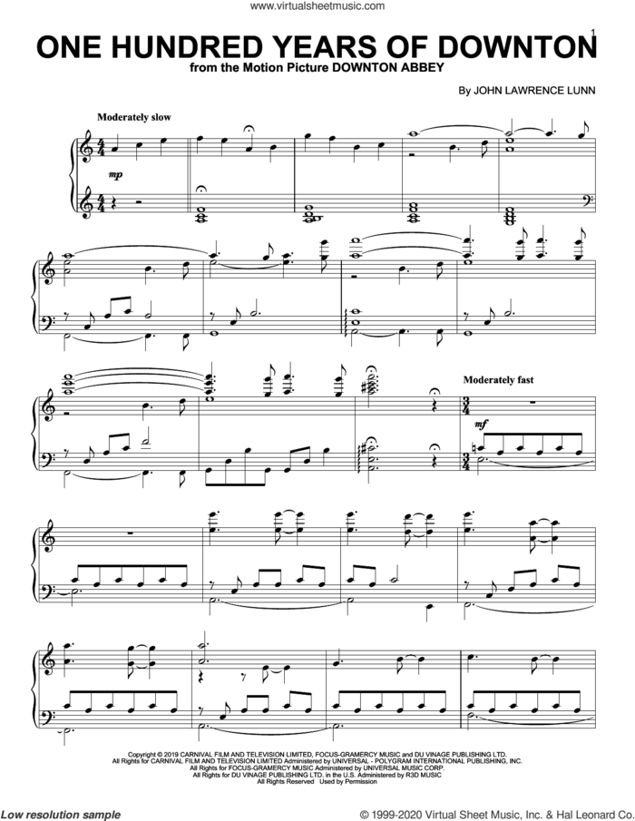 One Hundred Years Of Downton (from the Motion Picture Downton Abbey) sheet music for piano solo by John Lunn, intermediate skill level
