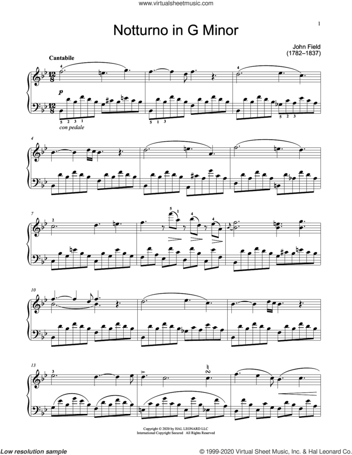 Nocturno sheet music for piano solo (elementary) by John Field and Jennifer Linn, classical score, beginner piano (elementary)