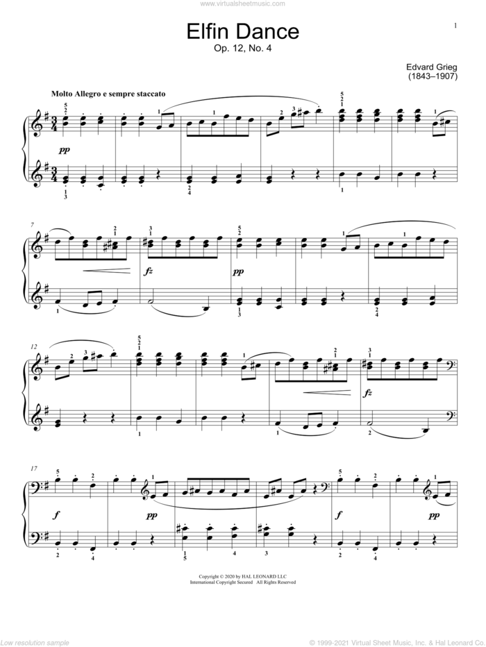 Elfin Dance sheet music for piano solo (elementary) by Edvard Grieg and Jennifer Linn, classical score, beginner piano (elementary)
