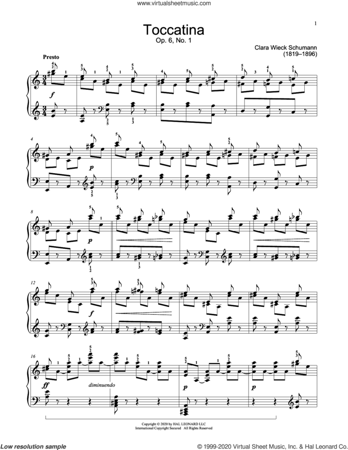 Toccatina, Op. 6 sheet music for piano solo (elementary) by Clara Schumann and Jennifer Linn, classical score, beginner piano (elementary)