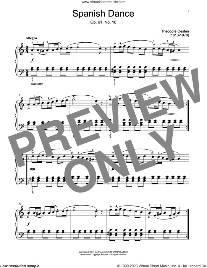 Spanish Dance sheet music for piano solo (elementary) by Theodor Oesten and Jennifer Linn, classical score, beginner piano (elementary)