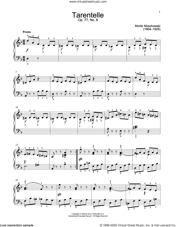 Tarantella, Op. 77, No. 6 sheet music for piano solo (elementary) by Moritz Moszkowski and Jennifer Linn, classical score, beginner piano (elementary)