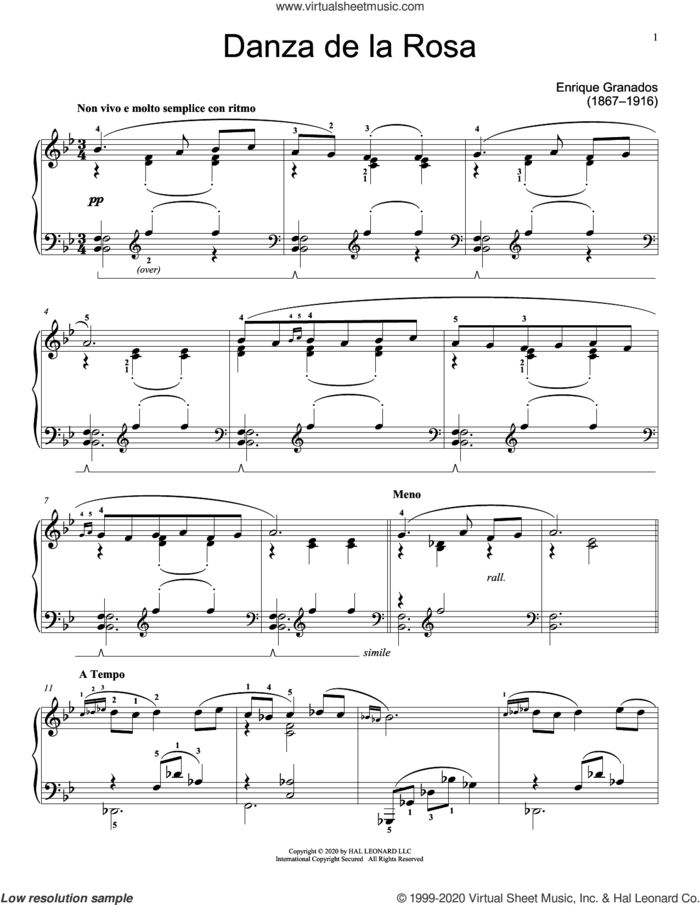 Danza de la Rosa sheet music for piano solo (elementary) by Enrique Granados and Jennifer Linn, classical score, beginner piano (elementary)