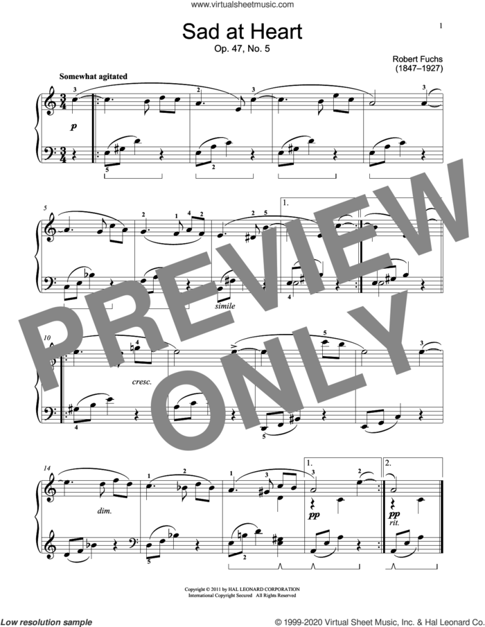 Sad At Heart, Op. 47, No. 5 sheet music for piano solo (elementary) by Robert Fuchs and Jennifer Linn, classical score, beginner piano (elementary)