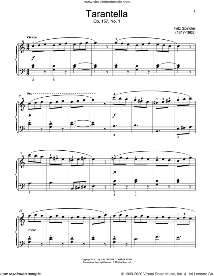 Tarantella sheet music for piano solo (elementary) by Fritz Spindler and Jennifer Linn, classical score, beginner piano (elementary)