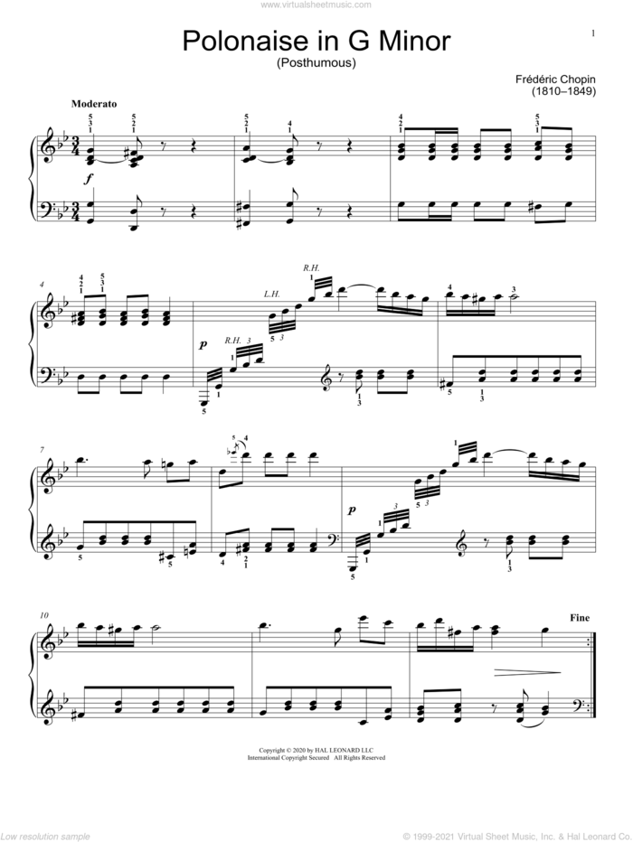 Polonaise In G Minor, KK IIa, No. 1 sheet music for piano solo (elementary) by Frederic Chopin and Jennifer Linn, classical score, beginner piano (elementary)