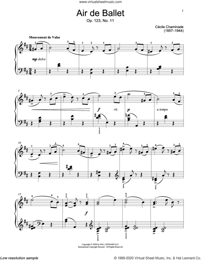 Air de Ballet, Op. 123, No. 11 sheet music for piano solo (elementary) by Cecile Chaminade and Jennifer Linn, classical score, beginner piano (elementary)