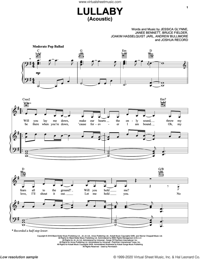 Lullaby (Acoustic) sheet music for voice, piano or guitar by Sigala & Paloma Faith, Andrew Bullimore, Bruce Fielder, Janee Bennett, Jessica Glynne, Joakim Hasselquist Jarl and Joshua Record, intermediate skill level