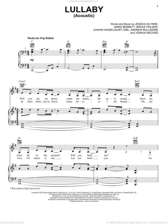 Lullaby (Acoustic) sheet music for voice, piano or guitar by Sigala & Paloma Faith, Andrew Bullimore, Bruce Fielder, Janee Bennett, Jessica Glynne, Joakim Hasselquist Jarl and Joshua Record, intermediate skill level