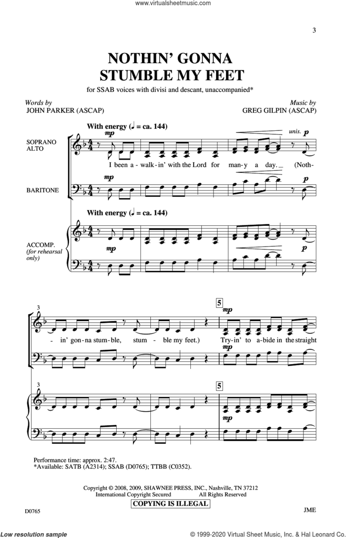 Nothin' Gonna Stumble My Feet sheet music for choir (SSAB) by Greg Gilpin and John Parker, intermediate skill level