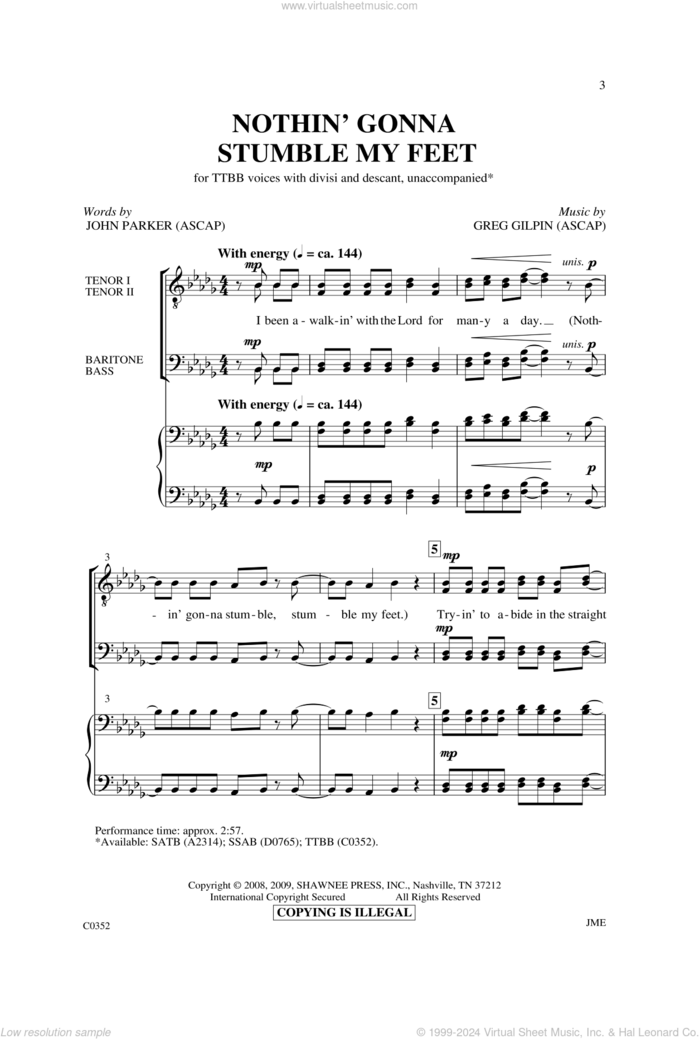 Nothin' Gonna Stumble My Feet sheet music for choir (TTBB: tenor, bass) by Greg Gilpin and John Parker, intermediate skill level