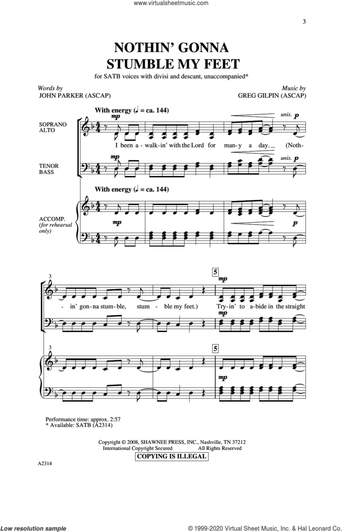 Nothin' Gonna Stumble My Feet sheet music for choir (SATB: soprano, alto, tenor, bass) by Greg Gilpin and John Parker, intermediate skill level