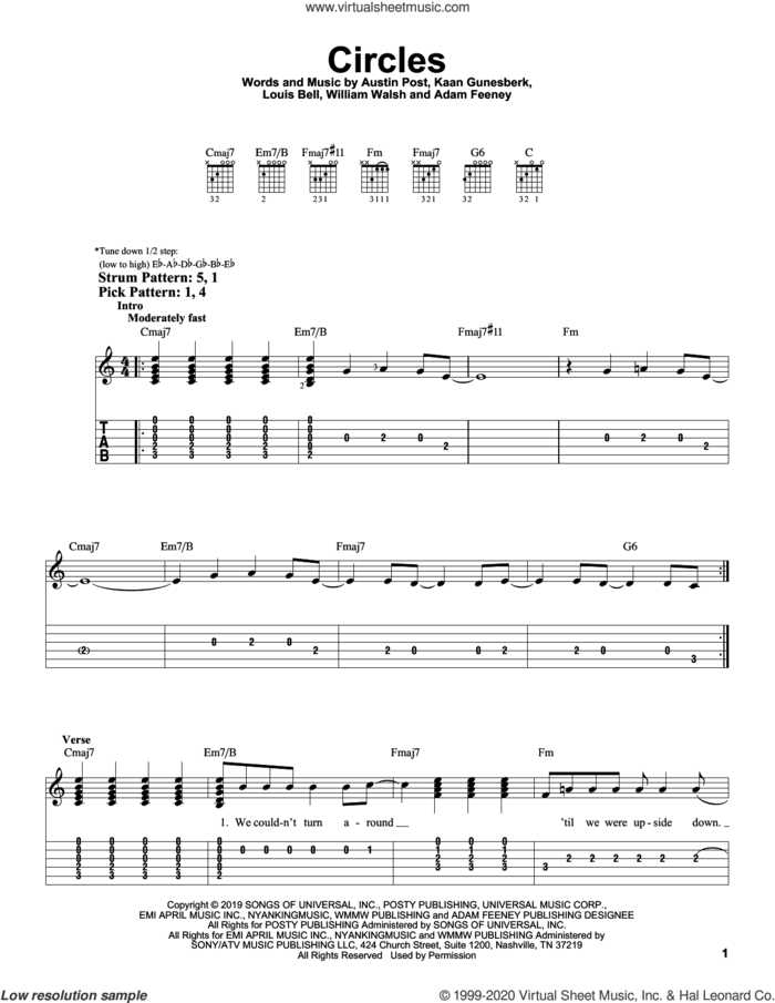 Circles sheet music for guitar solo (easy tablature) by Post Malone, Adam Feeney, Austin Post, Kaan Gunesberk, Louis Bell and William Walsh, easy guitar (easy tablature)