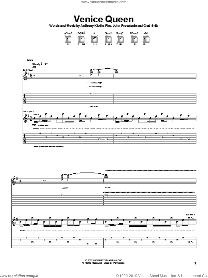 Venice Queen sheet music for guitar (tablature) by Red Hot Chili Peppers, Anthony Kiedis, Flea and John Frusciante, intermediate skill level