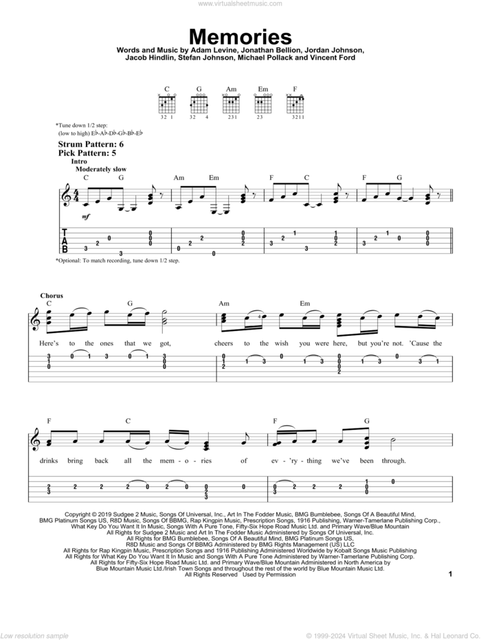 Memories sheet music for guitar solo (easy tablature) by Maroon 5, Adam Levine, Jacob Hindlin, Jon Bellion, Michael Pollack, Stefan Johnson and Vincent Ford, easy guitar (easy tablature)