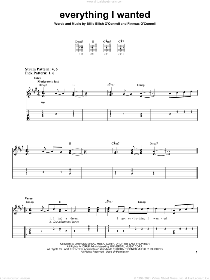 everything i wanted sheet music for guitar solo (easy tablature) by Billie Eilish, easy guitar (easy tablature)