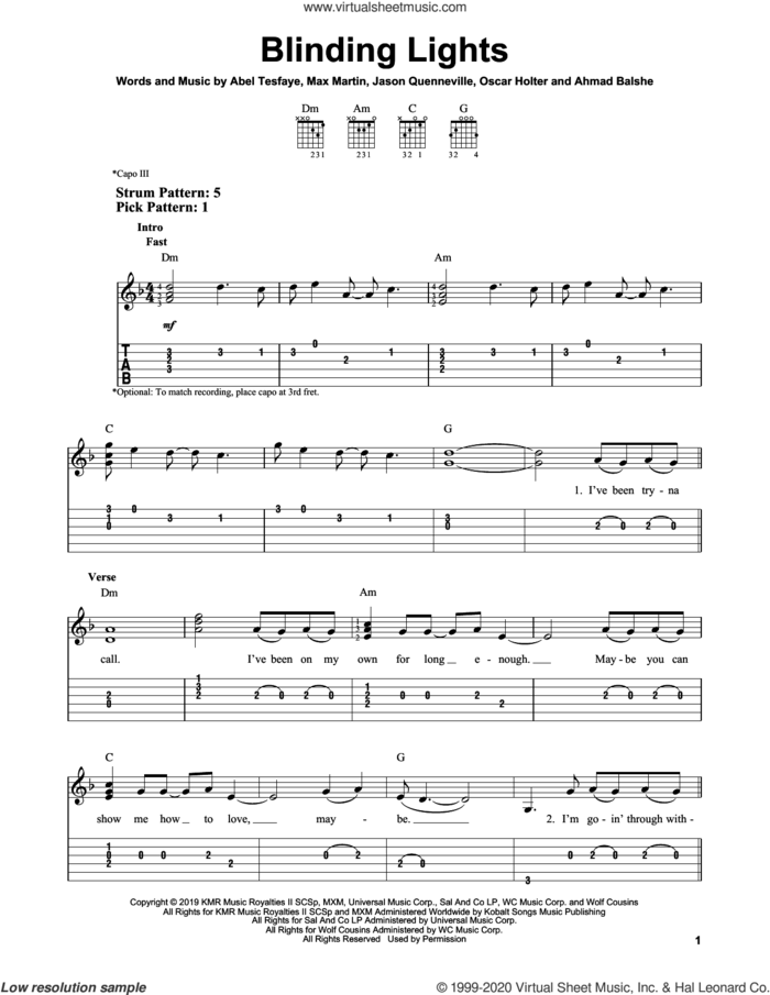 Blinding Lights sheet music for guitar solo (easy tablature) by The Weeknd, Abel Tesfaye, Ahmad Balshe, Jason Quenneville, Max Martin and Oscar Holter, easy guitar (easy tablature)