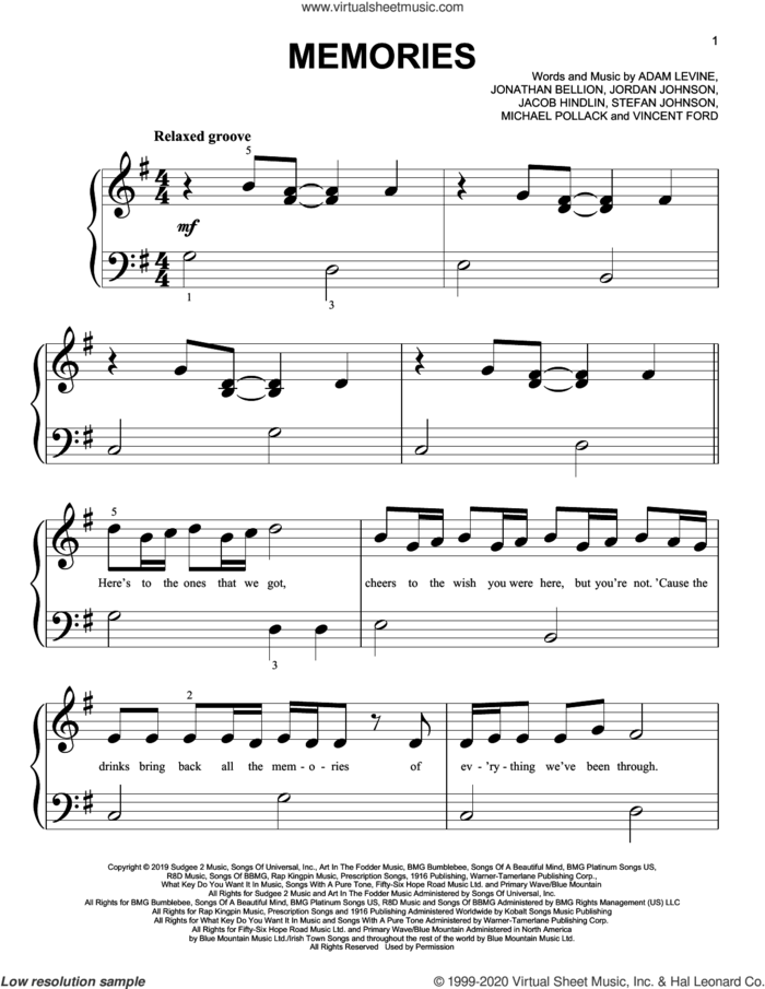 Memories sheet music for piano solo (big note book) by Maroon 5, Adam Levine, Jacob Hindlin, Jon Bellion, Michael Pollack, Stefan Johnson and Vincent Ford, easy piano (big note book)