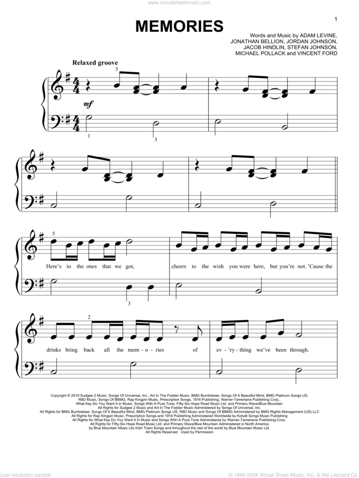 Memories sheet music for piano solo (big note book) by Maroon 5, Adam Levine, Jacob Hindlin, Jon Bellion, Michael Pollack, Stefan Johnson and Vincent Ford, easy piano (big note book)