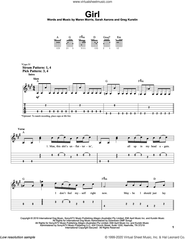 GIRL sheet music for guitar solo (easy tablature) by Maren Morris, Greg Kurstin and Sarah Aarons, easy guitar (easy tablature)