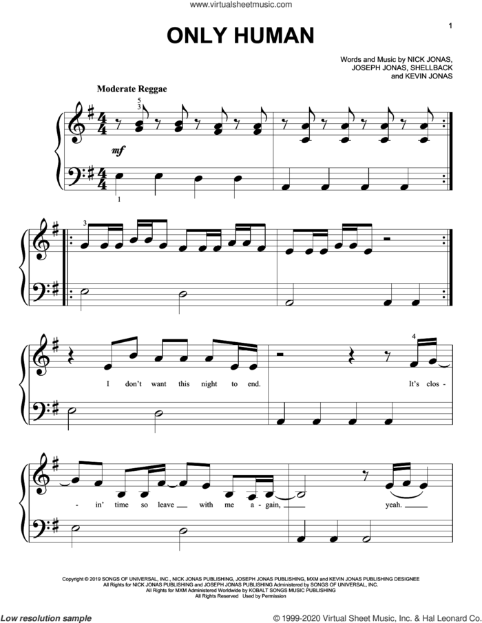Only Human sheet music for piano solo (big note book) by Jonas Brothers, Joseph Jonas, Kevin Jonas, Nick Jonas and Shellback, easy piano (big note book)