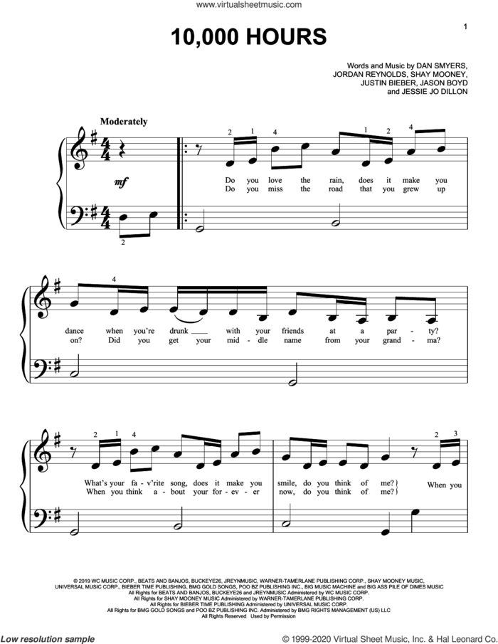 10,000 Hours sheet music for piano solo (big note book) by Dan + Shay & Justin Bieber, Dan Smyers, Jason Boyd, Jessie Jo Dillon, Jordan Reynolds, Justin Bieber and Shay Mooney, easy piano (big note book)