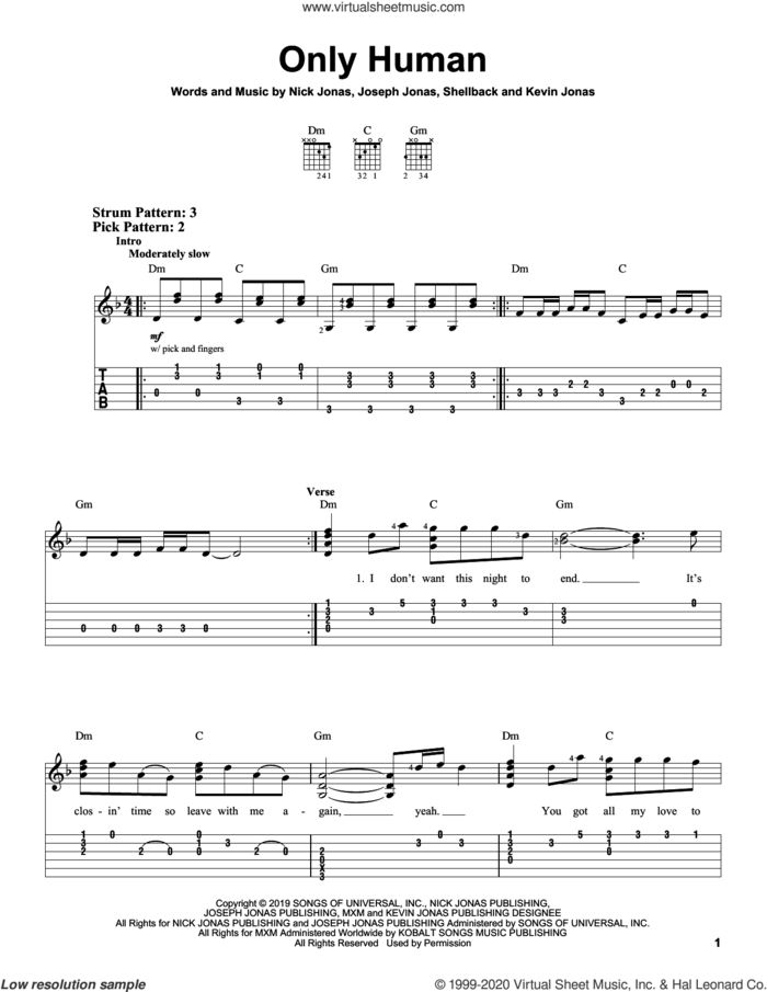 Only Human sheet music for guitar solo (easy tablature) by Jonas Brothers, Joseph Jonas, Kevin Jonas, Nick Jonas and Shellback, easy guitar (easy tablature)