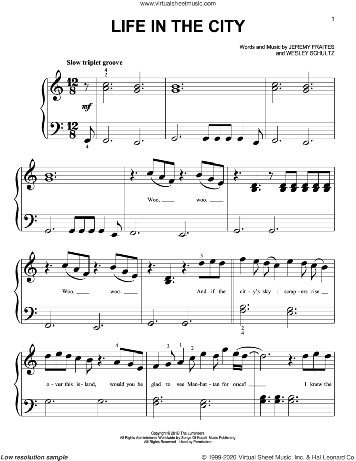 Life In The City sheet music for piano solo (big note book) by The Lumineers, Jeremy Fraites and Wesley Schultz, easy piano (big note book)