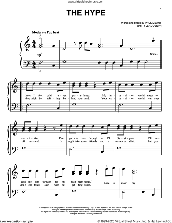 The Hype sheet music for piano solo (big note book) by Twenty One Pilots, Paul Meany and Tyler Joseph, easy piano (big note book)