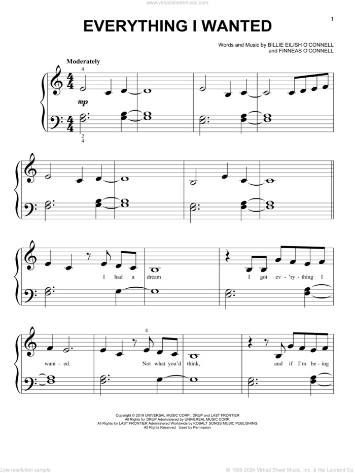 everything i wanted sheet music for piano solo (big note book) by Billie Eilish, easy piano (big note book)