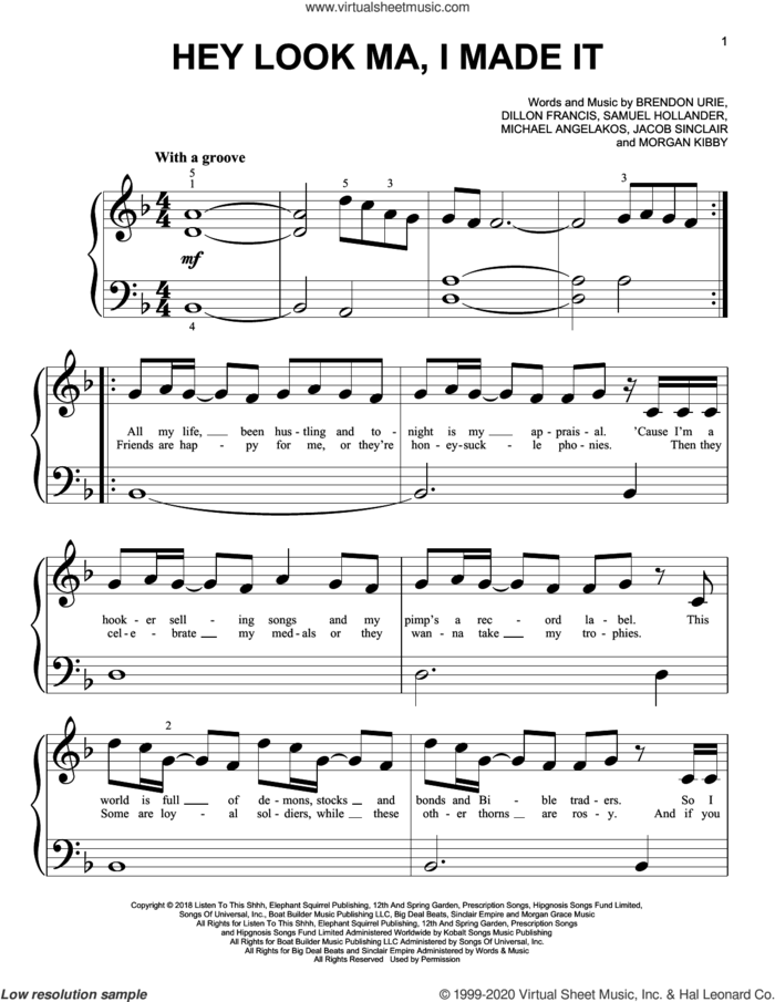 Hey Look Ma, I Made It sheet music for piano solo (big note book) by Panic! At The Disco, Brendon Urie, Dillon Francis, Jacob Sinclair, Michael Angelakos, Morgan Kibby and Sam Hollander, easy piano (big note book)