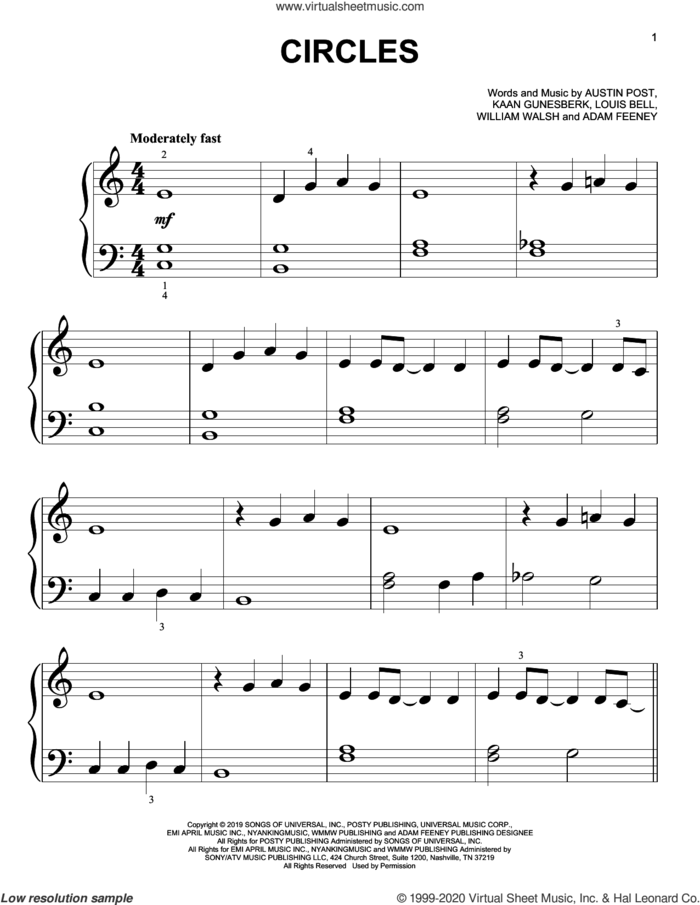 Circles sheet music for piano solo (big note book) by Post Malone, Adam Feeney, Austin Post, Kaan Gunesberk, Louis Bell and William Walsh, easy piano (big note book)