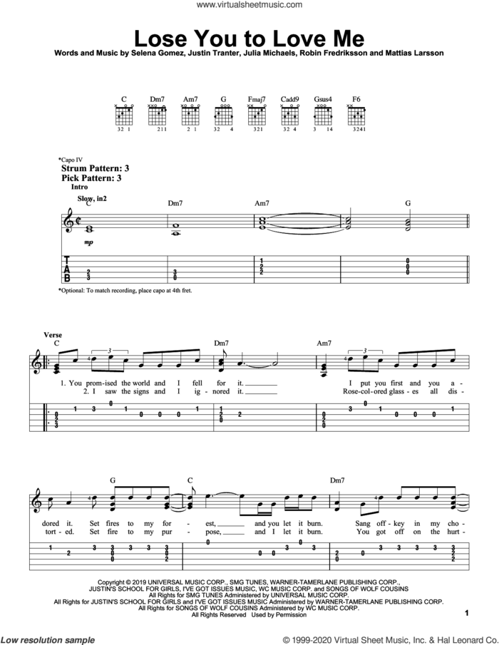Lose You To Love Me sheet music for guitar solo (easy tablature) by Selena Gomez, Julia Michaels, Justin Tranter, Mattias Larsson and Robin Fredriksson, easy guitar (easy tablature)
