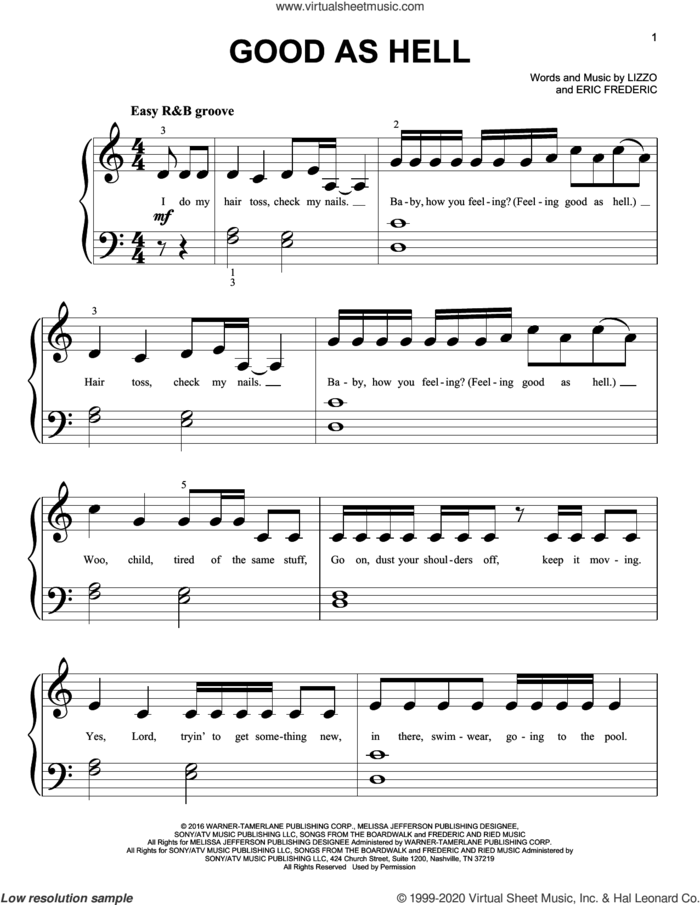 Good As Hell sheet music for piano solo (big note book) by Lizzo and Eric Frederic, easy piano (big note book)