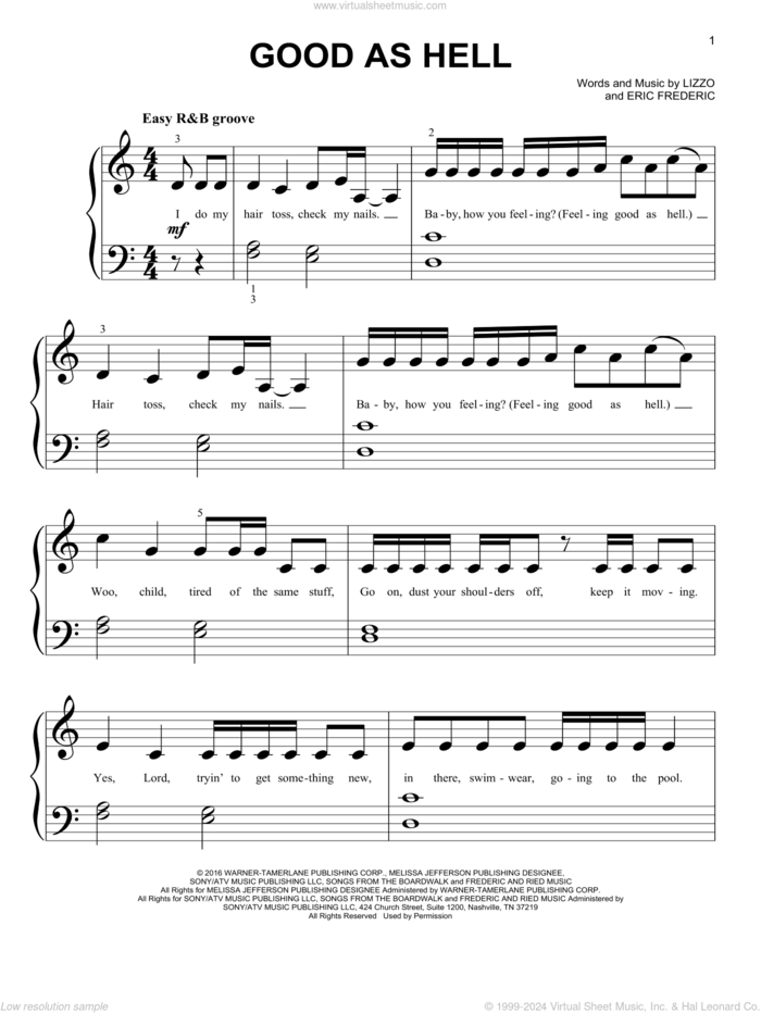 Good As Hell sheet music for piano solo (big note book) by Lizzo and Eric Frederic, easy piano (big note book)