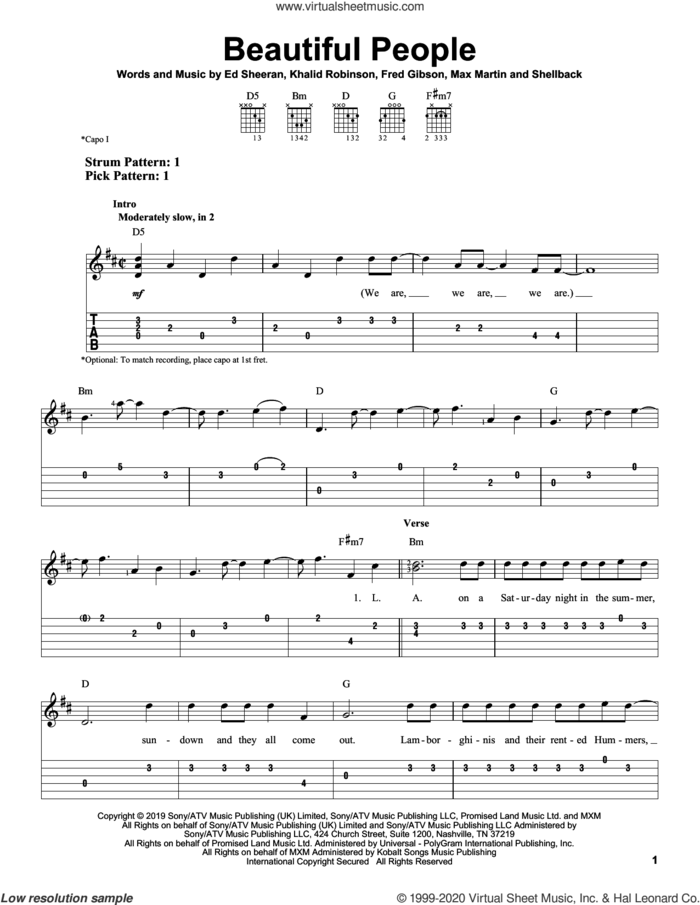 Beautiful People (feat. Khalid) sheet music for guitar solo (easy tablature) by Ed Sheeran, Fred Gibson, Khalid Robinson, Max Martin and Shellback, easy guitar (easy tablature)