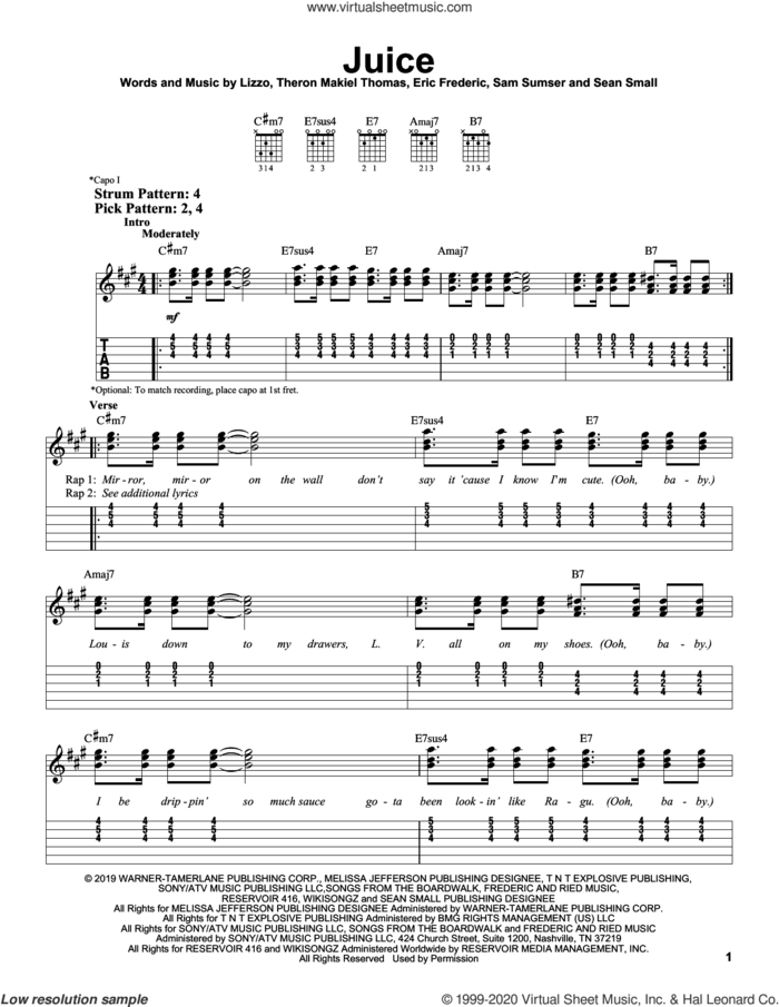 Juice sheet music for guitar solo (easy tablature) by Lizzo, Eric Frederic, Sam Sumser, Sean Small and Theron Thomas, easy guitar (easy tablature)