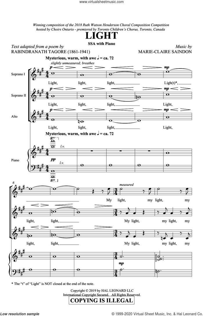 Light sheet music for choir (SSA: soprano, alto) by Marie-Claire Saindon and Tagore Poetry, intermediate skill level