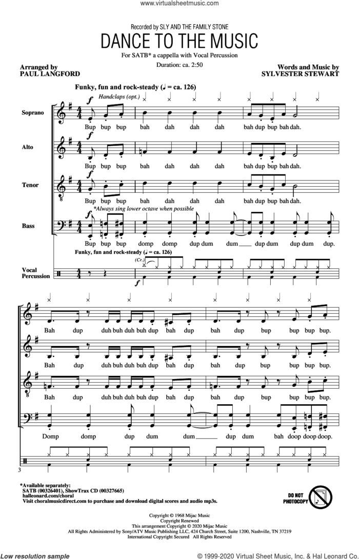Dance To The Music (arr. Paul Langford) sheet music for choir (SATB: soprano, alto, tenor, bass) by Sly And The Family Stone, Paul Langford and Sylvester Stewart, intermediate skill level
