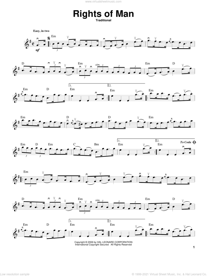 Rights Of Man sheet music for violin solo, intermediate skill level