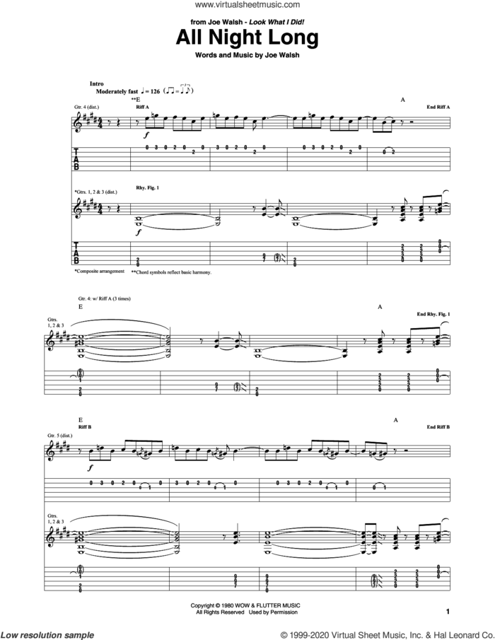 All Night Long sheet music for guitar (tablature) by Joe Walsh, intermediate skill level