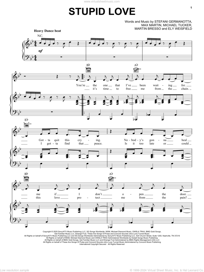 Stupid Love sheet music for voice, piano or guitar by Lady Gaga, Ely Weisfield, Martin Bresso, Max Martin and Michael Tucker, intermediate skill level